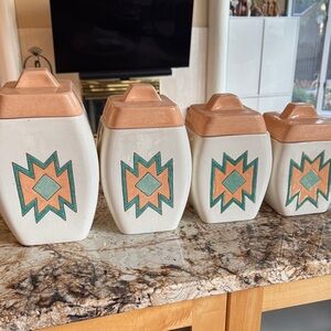 Ceramic Southwestern Canister Set in White, Terracotta & Teal